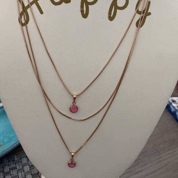 Necklace 3 layers rose gold plated 2 light pink Swarovski crystals box Ipsy bag - Picture 3 of 7
